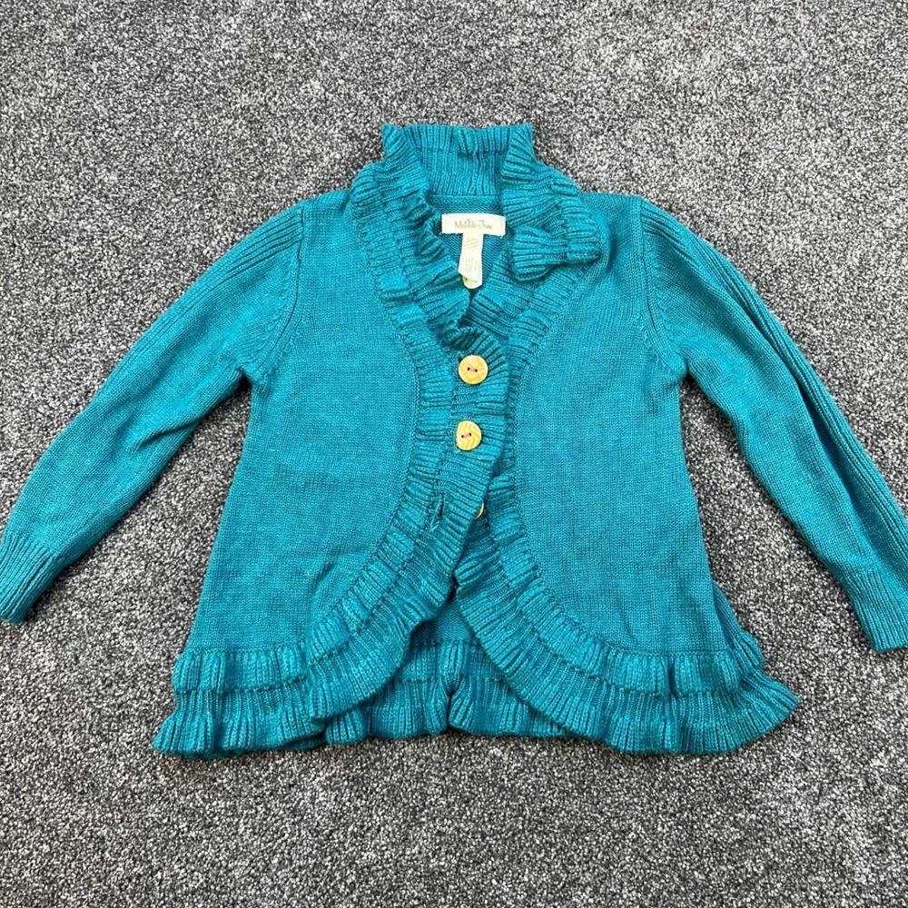 Matilda Jane Teal Castles Ruffle Knit Cardigan Sweater Girl's Size 18-24 Months